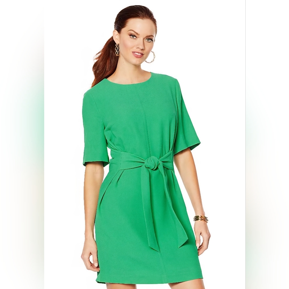Vince Camuto Belted Crepe Sheath Dress Short Sleeve Crew Neck